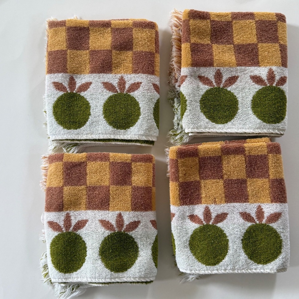Vintage 1960's Martex Hand Towel Set Lot Pineapple Apple Checkered Retro 70s USA